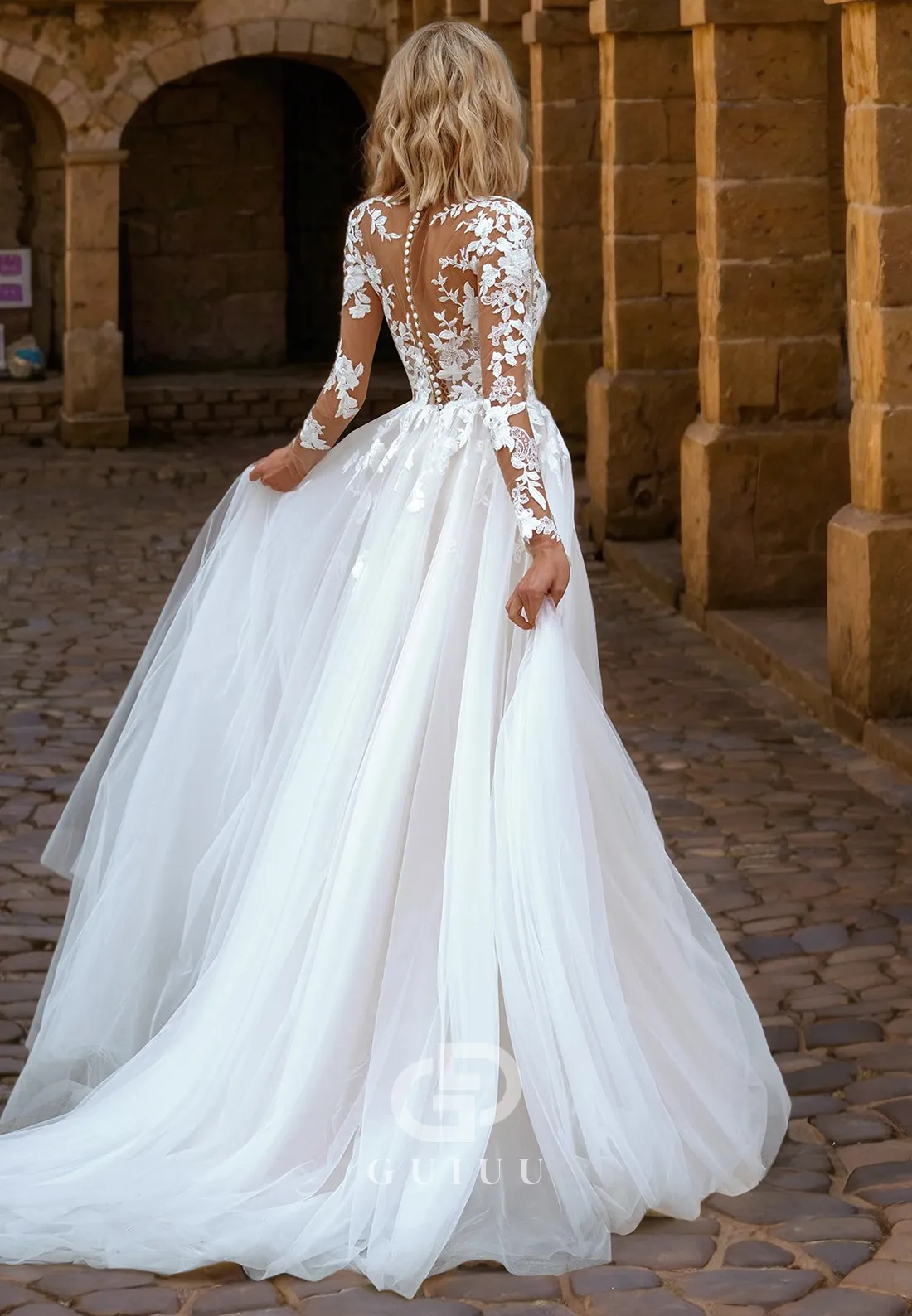 A-Line V Neck Long Sleeves Lace Appliques Tulle Boho Wedding Dress