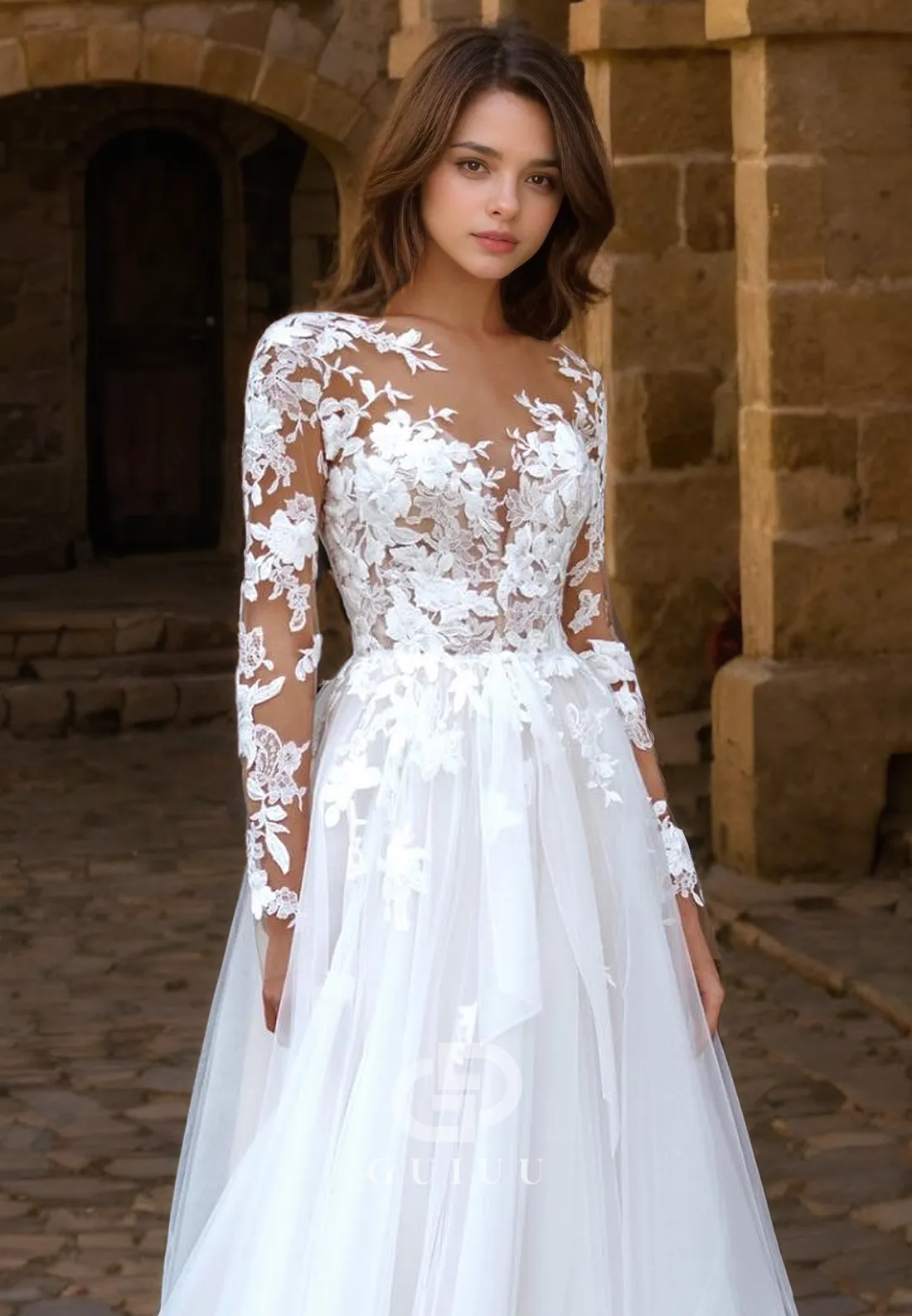 A-Line V Neck Long Sleeves Lace Appliques Tulle Boho Wedding Dress