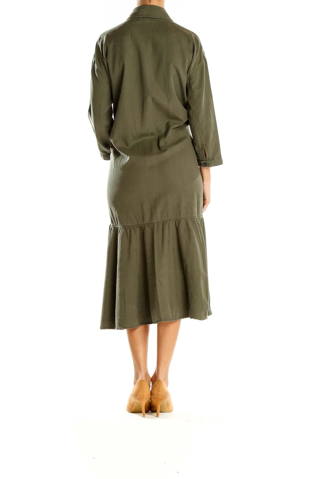 Army Green Drop Waist Shirt Dress