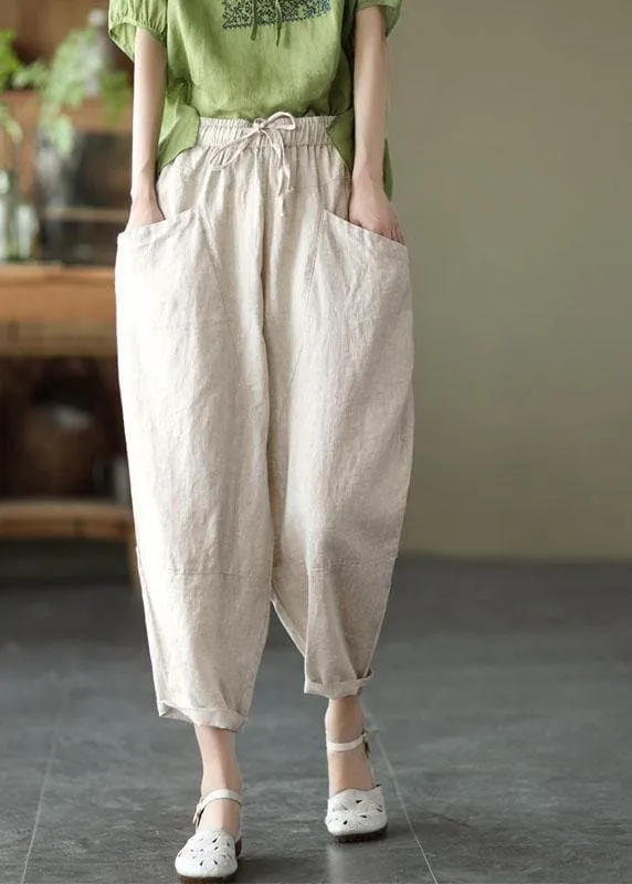 Art Khaki Tie Waist Pockets Summer Harem Pants Linen