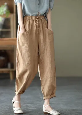 Art Khaki Tie Waist Pockets Summer Harem Pants Linen