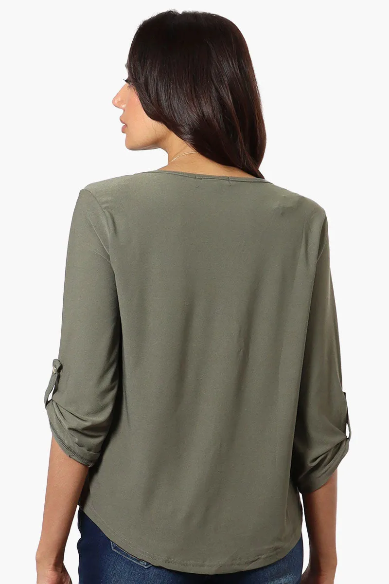 Beechers Brook Solid Roll Up Sleeve Necklace Blouse - Olive