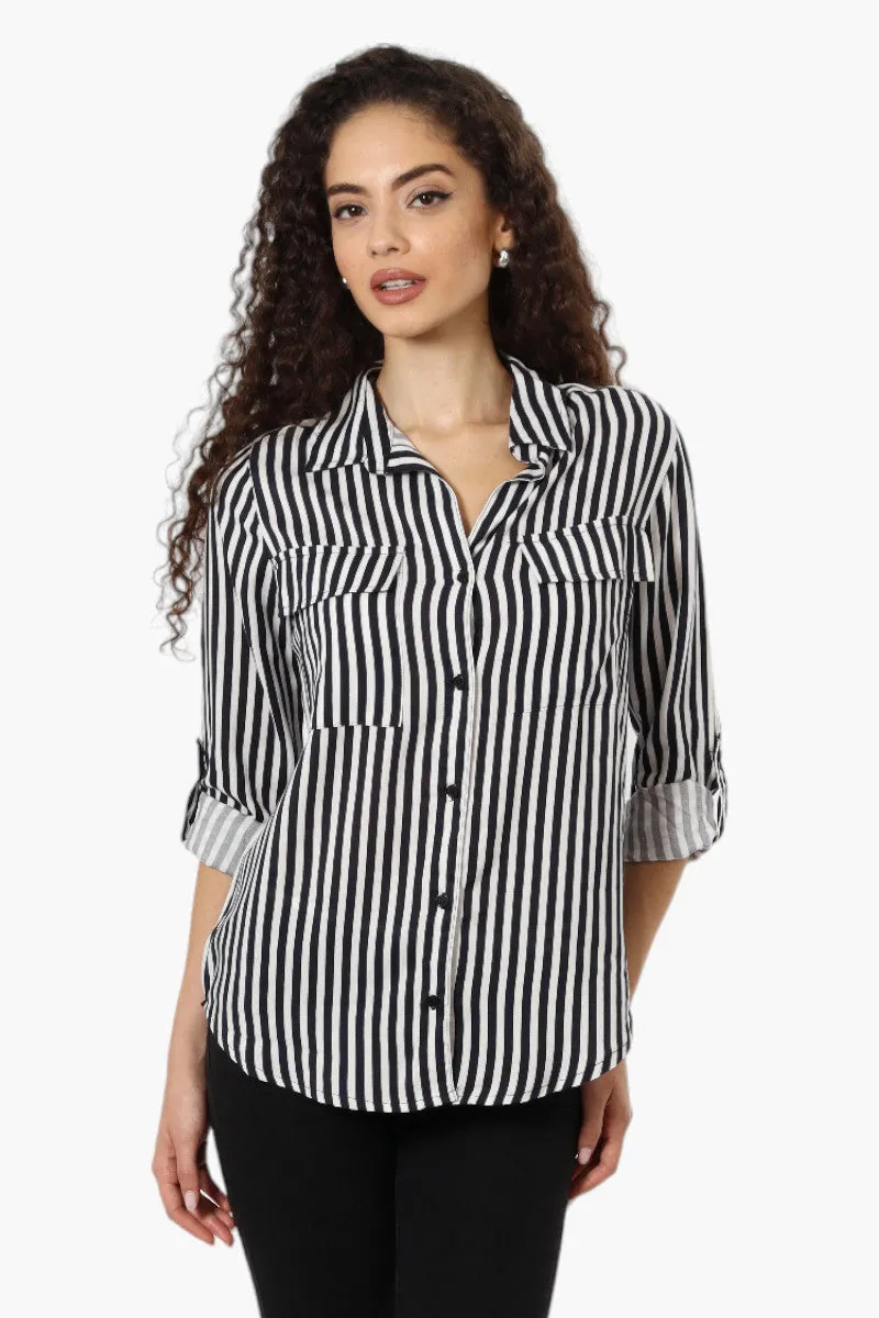 Beechers Brook Striped Roll Up Sleeve Blouse - Black