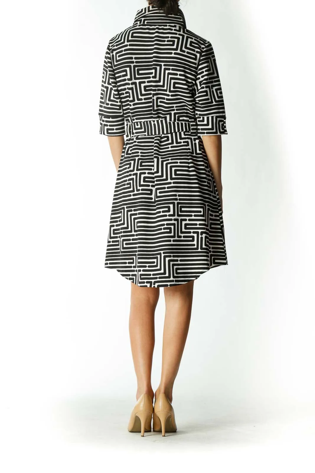 Black and White Striped Shirt Dress with Belt