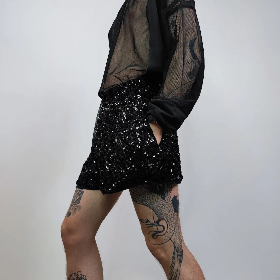 Black sequin shorts glitter pants sparkle elastic waist party trousers glam rock short joggers embellished bottoms in dark metallic