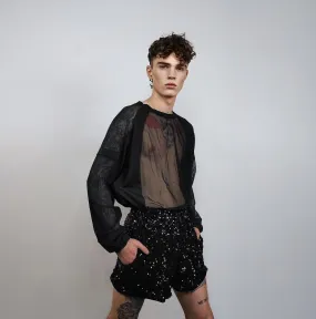 Black sequin shorts glitter pants sparkle elastic waist party trousers glam rock short joggers embellished bottoms in dark metallic