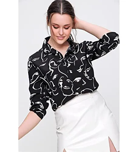 Blouses for Women Fashion, Casual Long Sleeve Button Down Shirts Tops Black Geometric Print (Upto 3XL))