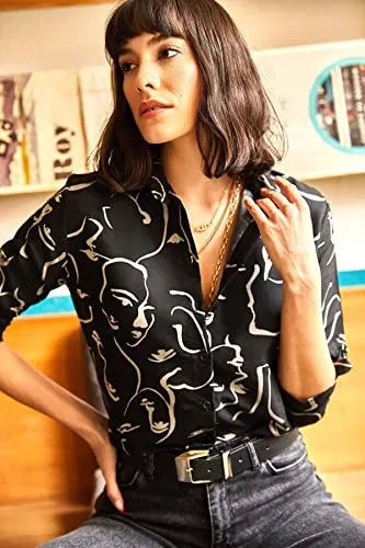 Blouses for Women Fashion, Casual Long Sleeve Button Down Shirts Tops Black Geometric Print (Upto 3XL))