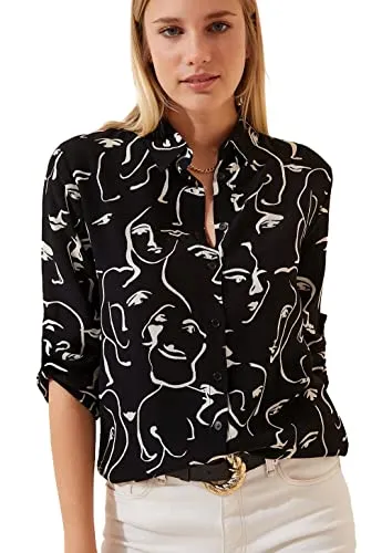 Blouses for Women Fashion, Casual Long Sleeve Button Down Shirts Tops Black Geometric Print (Upto 3XL))