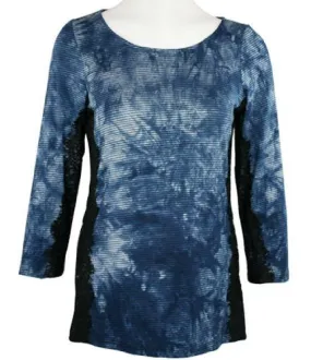 Boho Chic Clothing Tie Dye Splash 3/4 Sleeve,Scoop Neck Top - Lace Sides