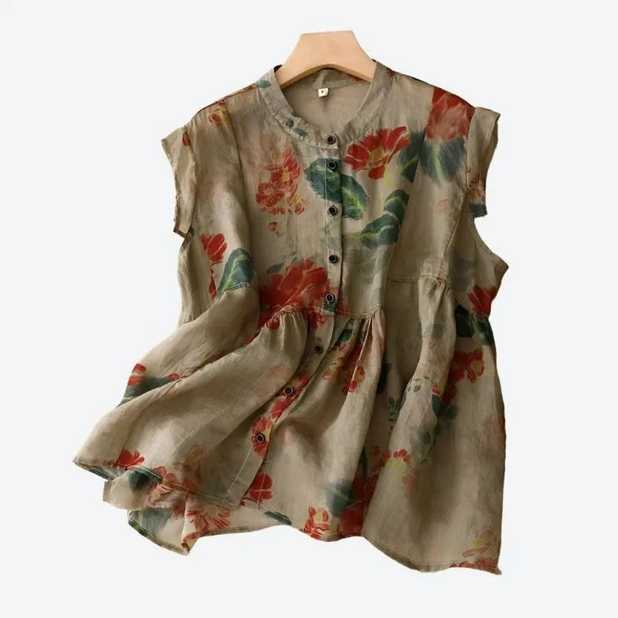 Boho Floral Sleeveless Button Blouses