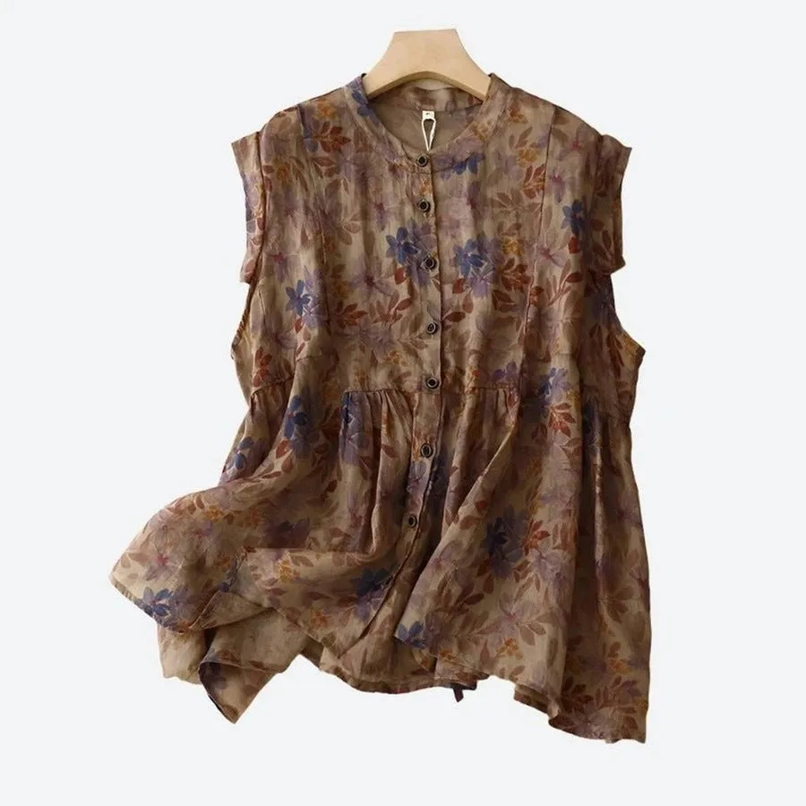 Boho Floral Sleeveless Button Blouses