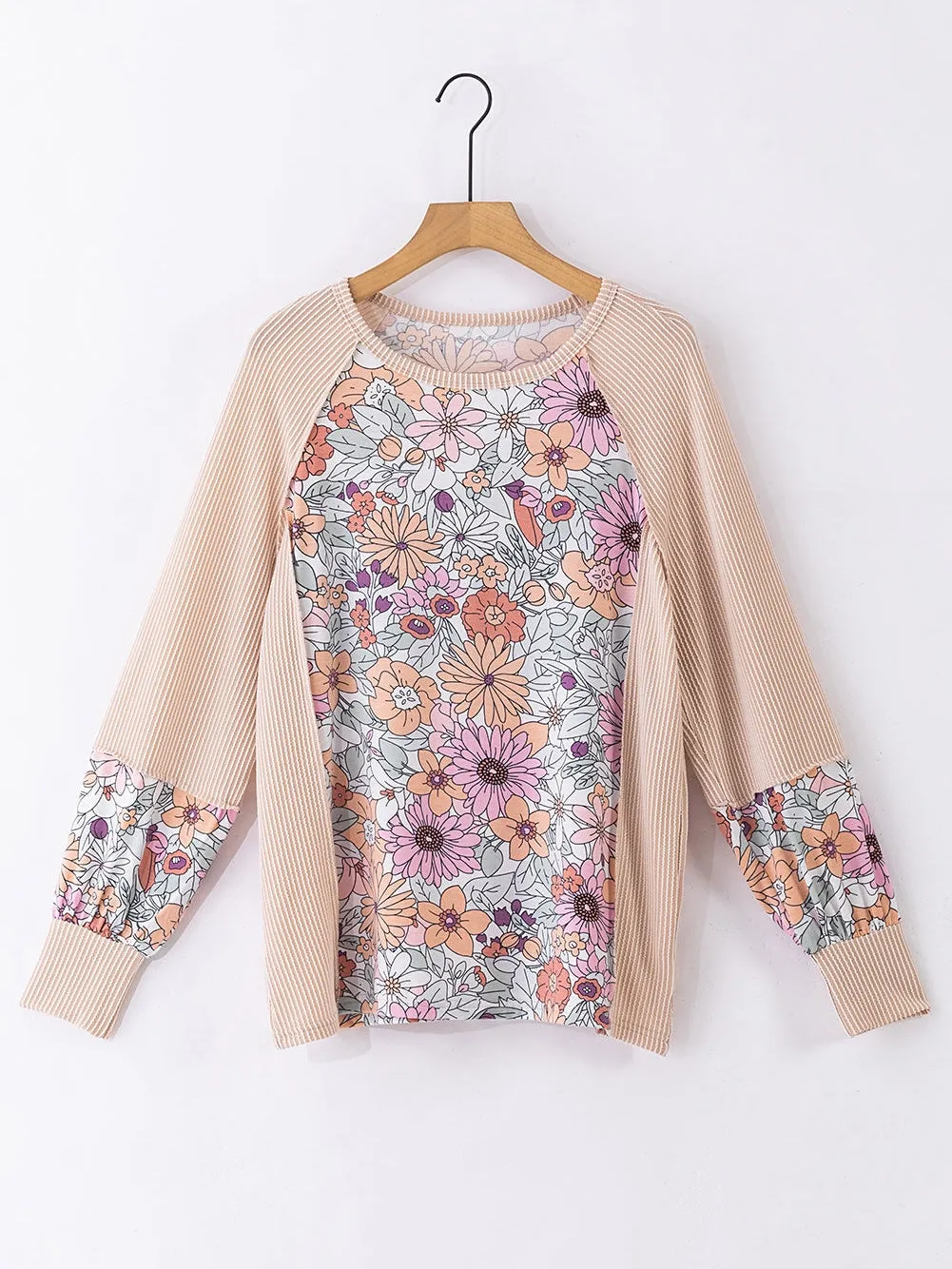 Boho Patchwork Floral Ribbed Long Sleeve Top in Oatmeal