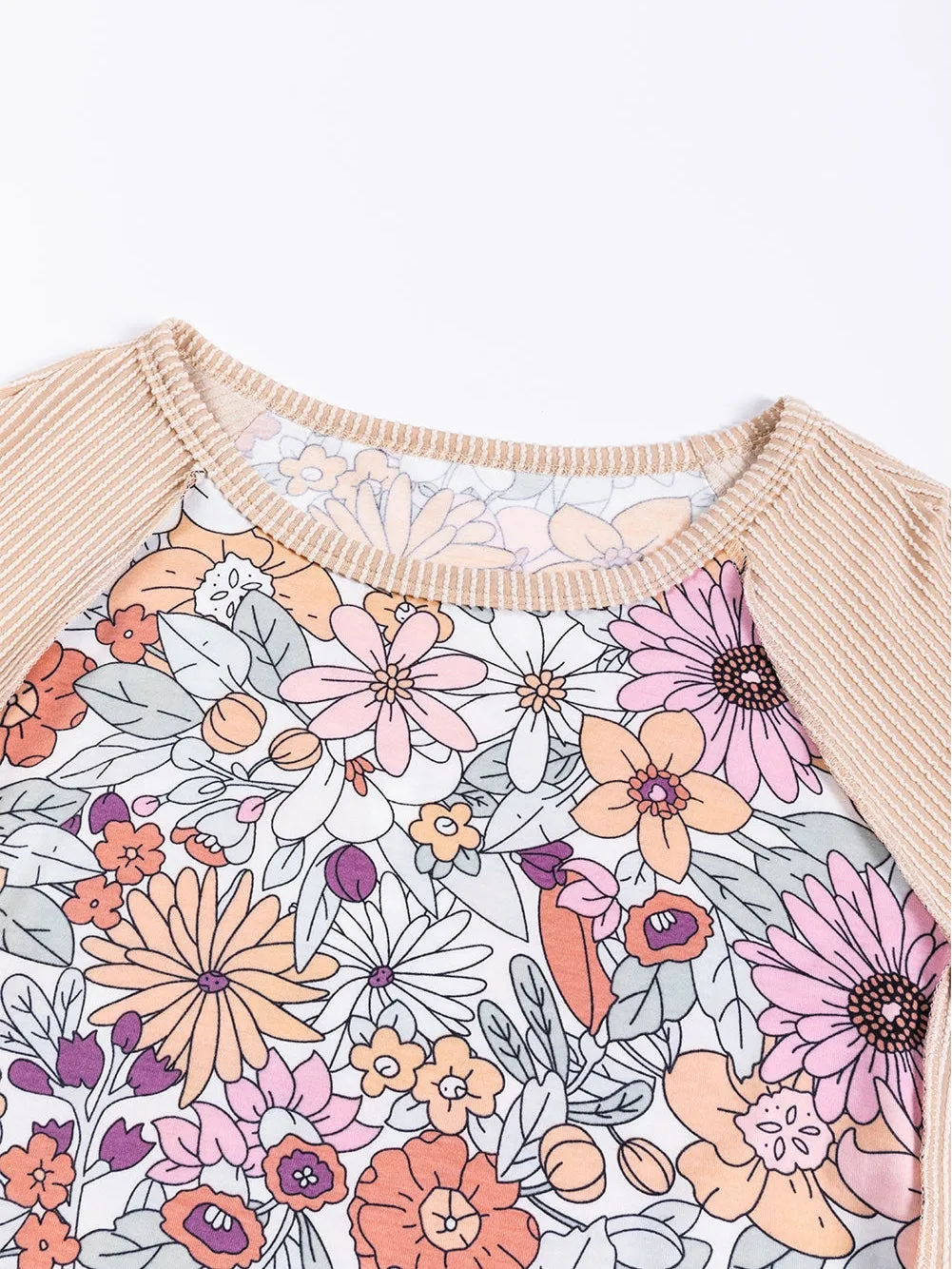 Boho Patchwork Floral Ribbed Long Sleeve Top in Oatmeal