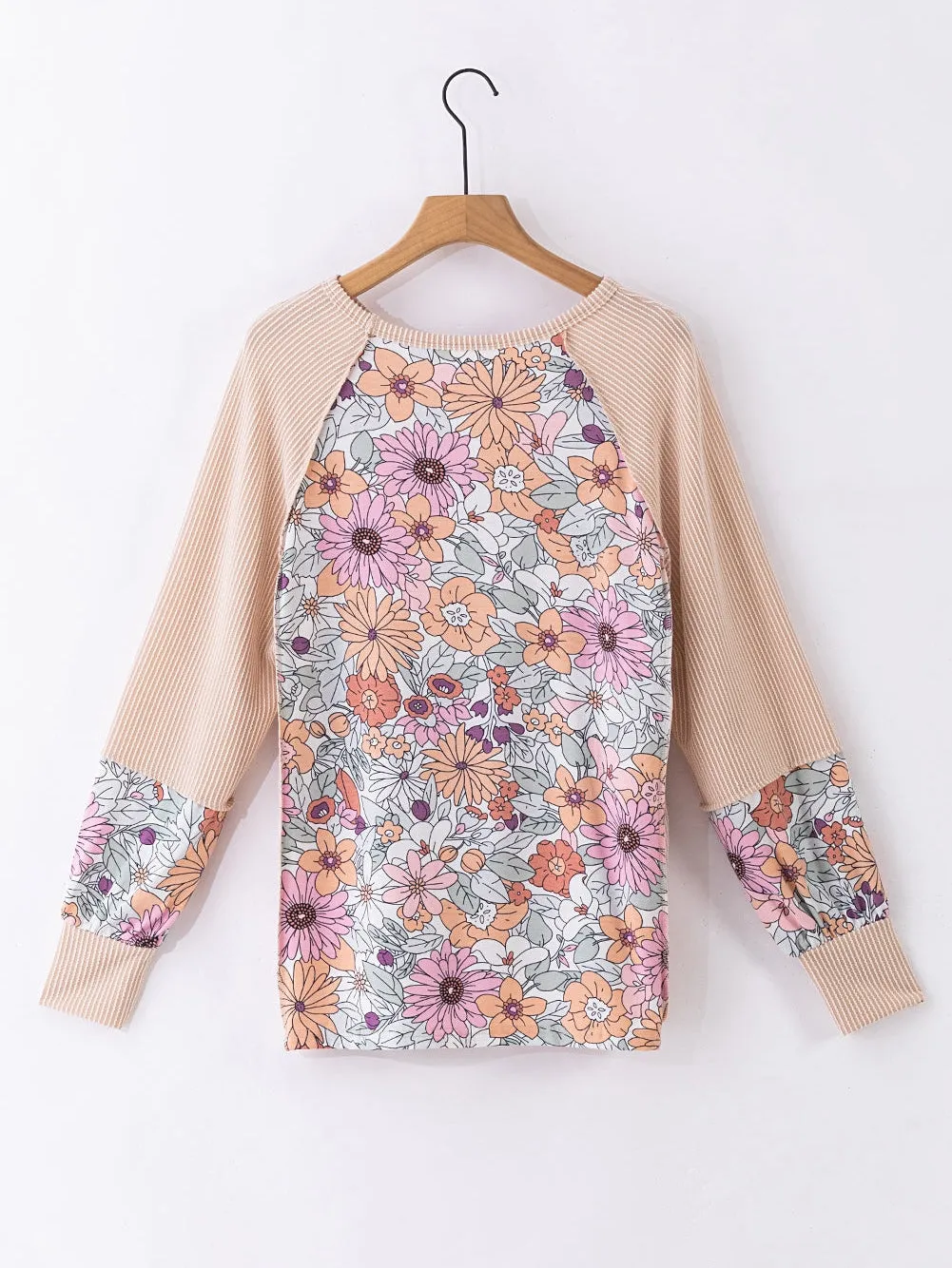 Boho Patchwork Floral Ribbed Long Sleeve Top in Oatmeal