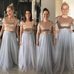 Boho Rose Gold Top with Gray Tulle Skirt Two Piece Long Bridesmaid Dresses