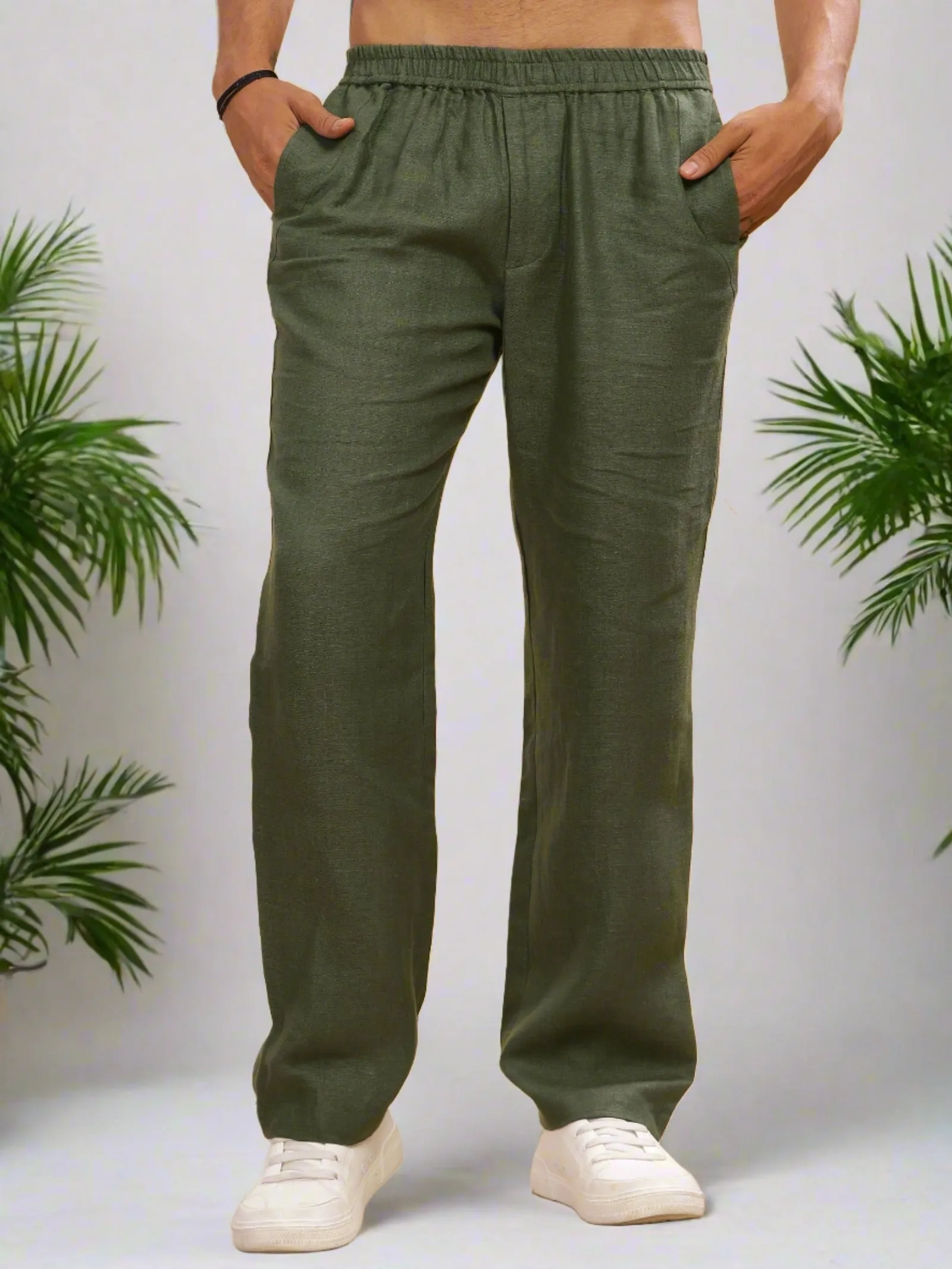 Breeze- Linen Casual Elastic Pants - Military Green