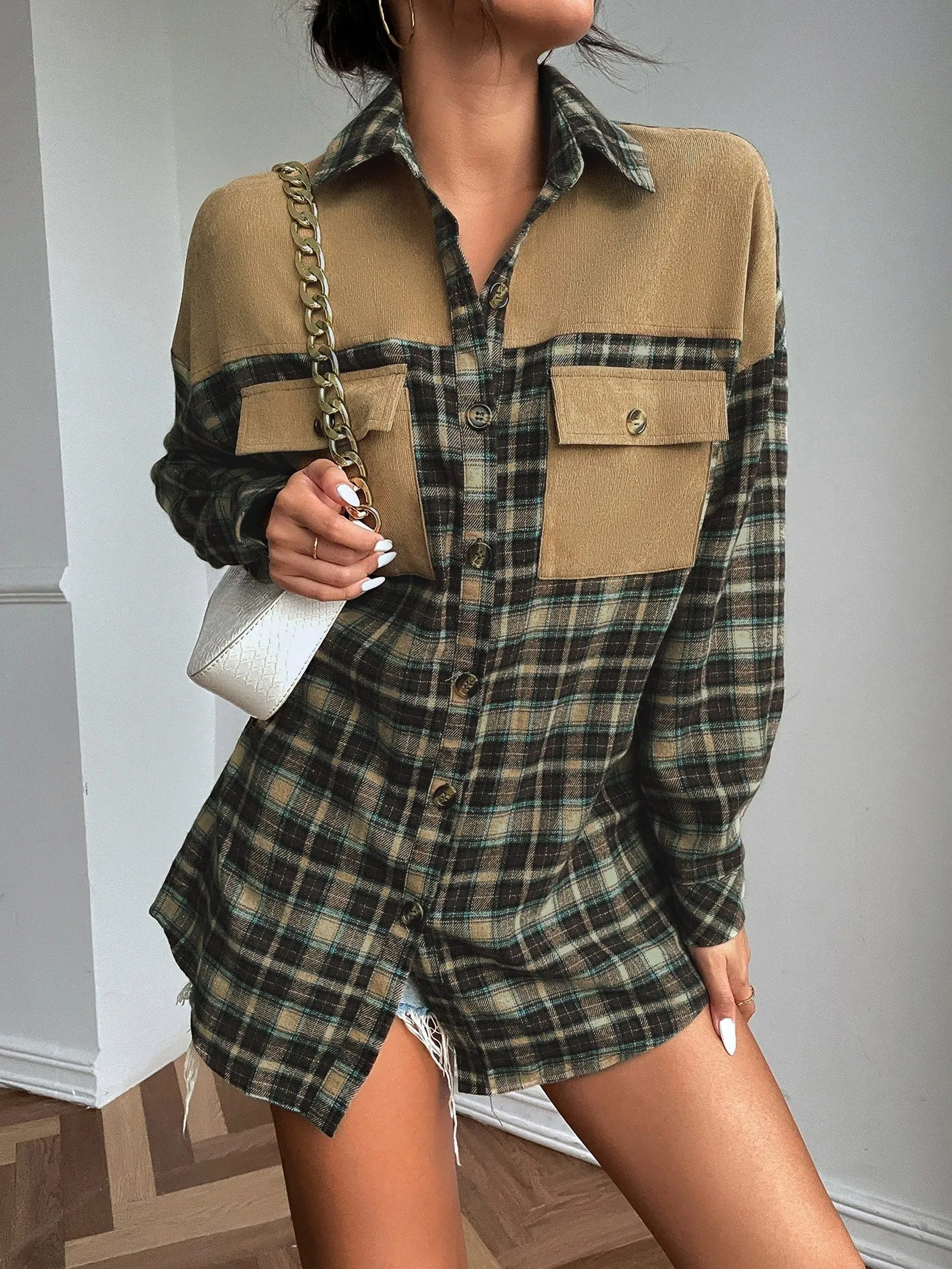 Casual Colorblock Pocket Long Sleeve Collar Long Blouse