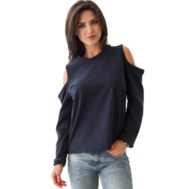 Casual Dew Shoulder Long Sleeve Pure Color Blouse