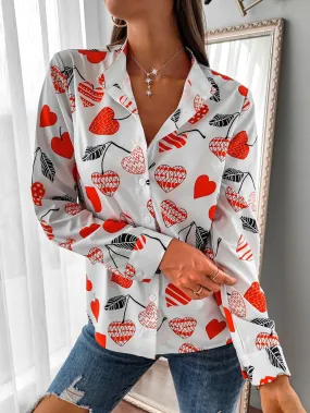 Casual Heart Button Long Sleeve Stand Collar Regular Blouse