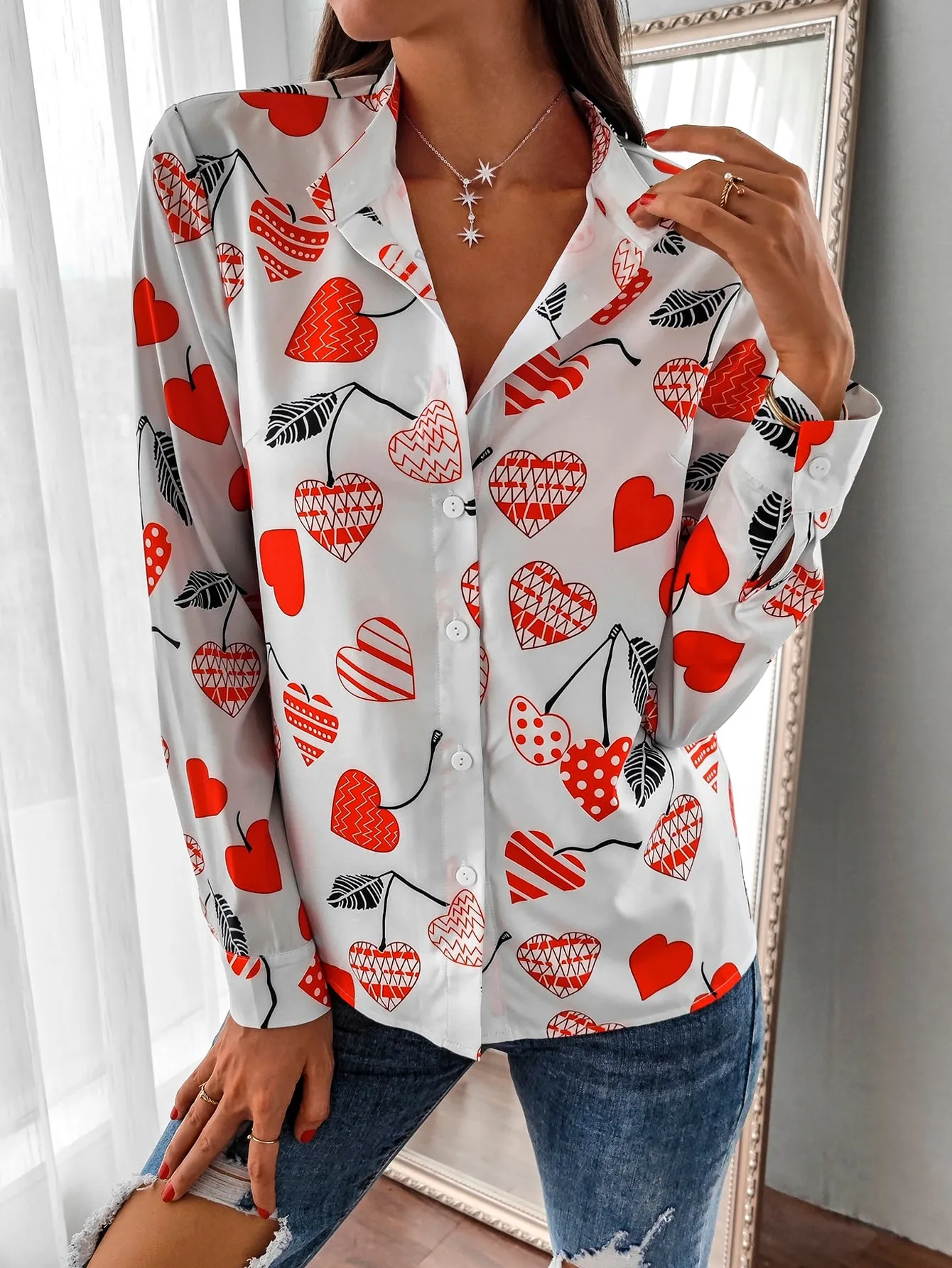 Casual Heart Button Long Sleeve Stand Collar Regular Blouse