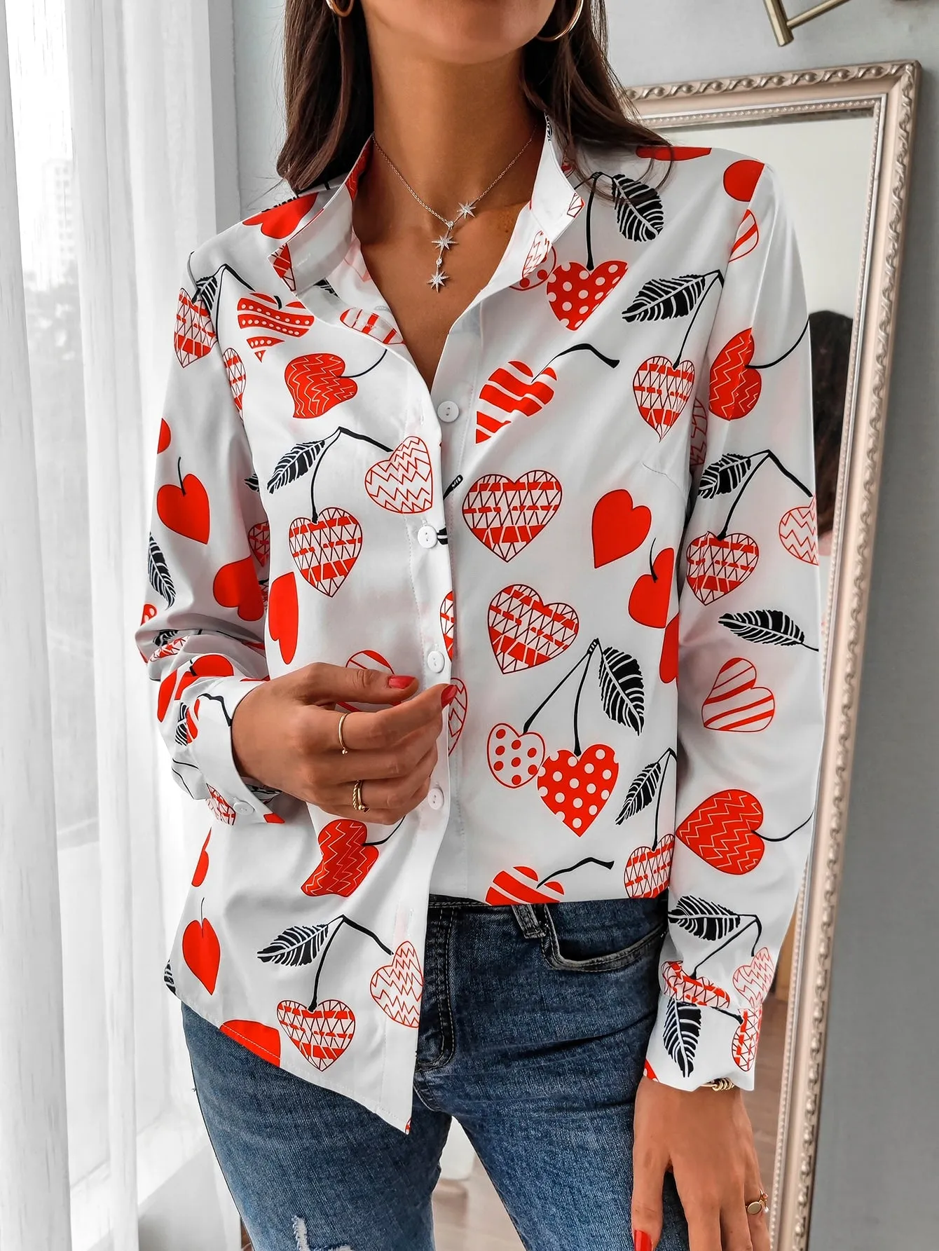 Casual Heart Button Long Sleeve Stand Collar Regular Blouse