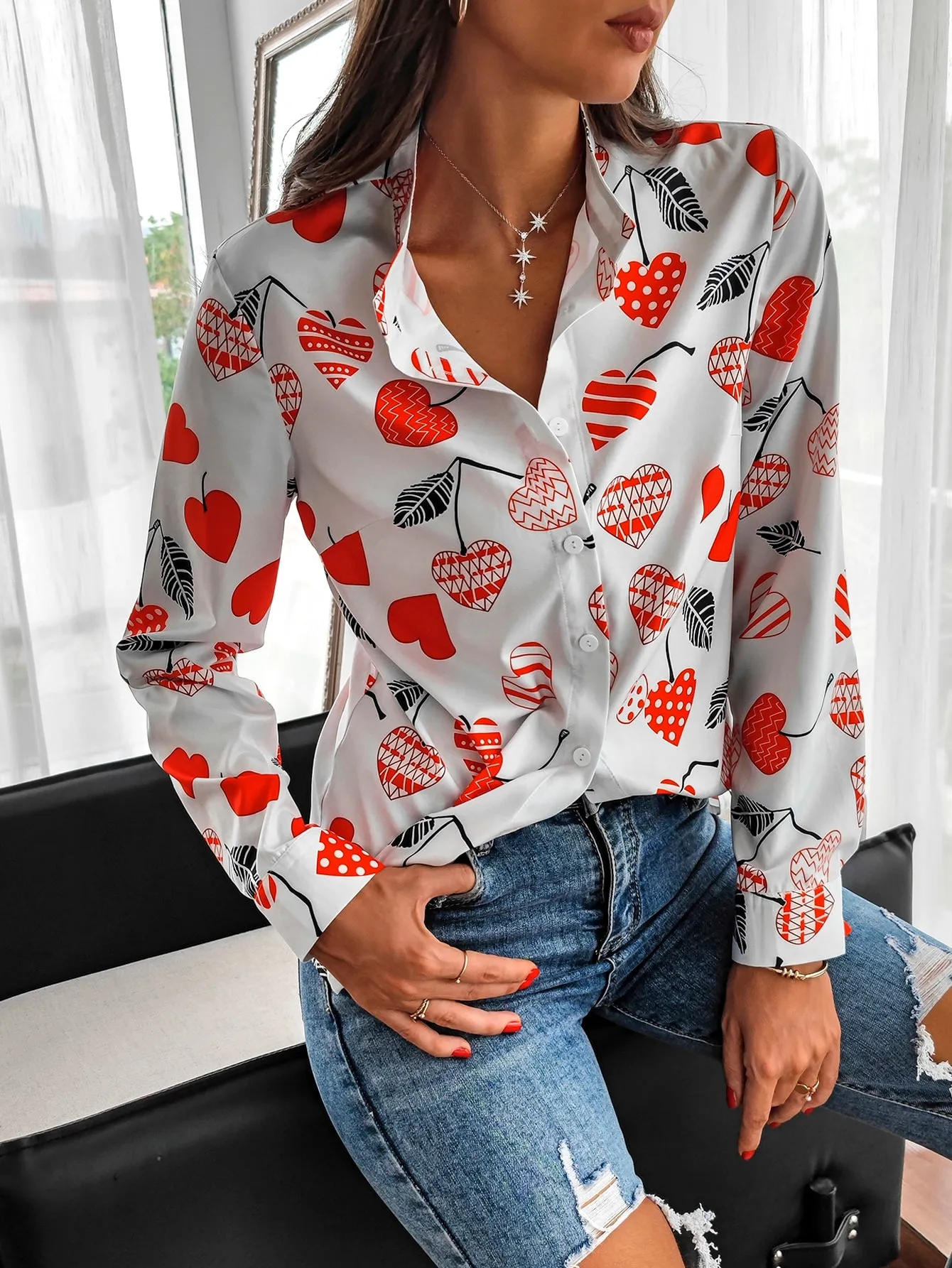 Casual Heart Button Long Sleeve Stand Collar Regular Blouse