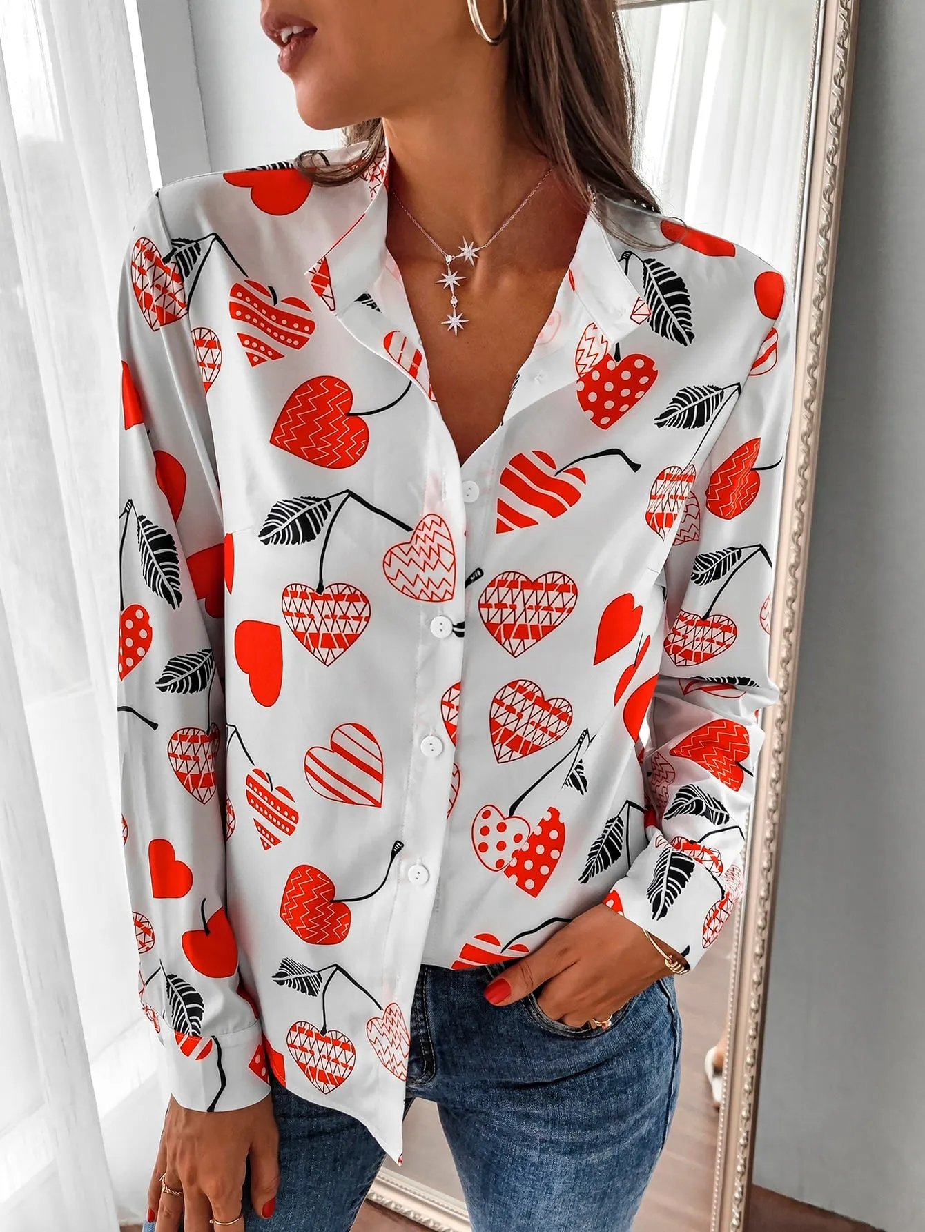 Casual Heart Button Long Sleeve Stand Collar Regular Blouse