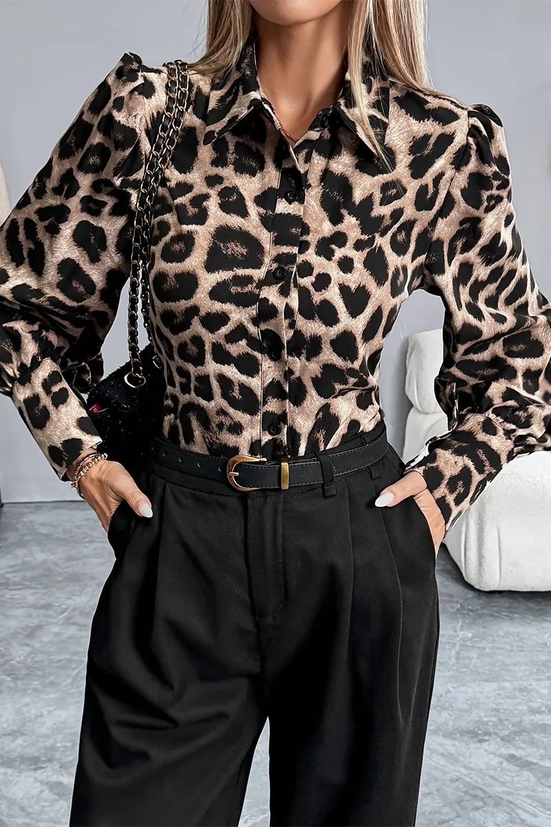 Casual Leopard Patchwork Turndown Collar Blouses