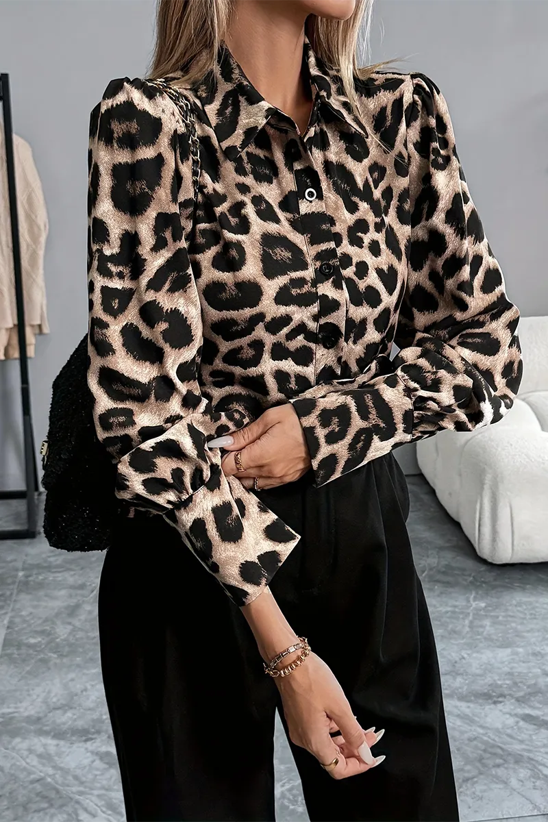 Casual Leopard Patchwork Turndown Collar Blouses