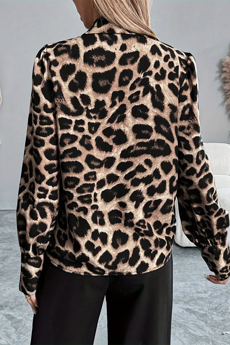 Casual Leopard Patchwork Turndown Collar Blouses