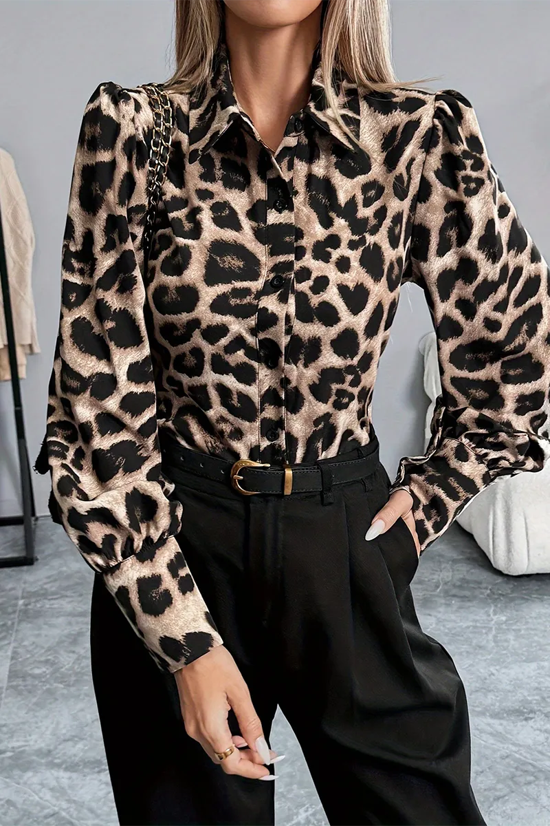 Casual Leopard Patchwork Turndown Collar Blouses