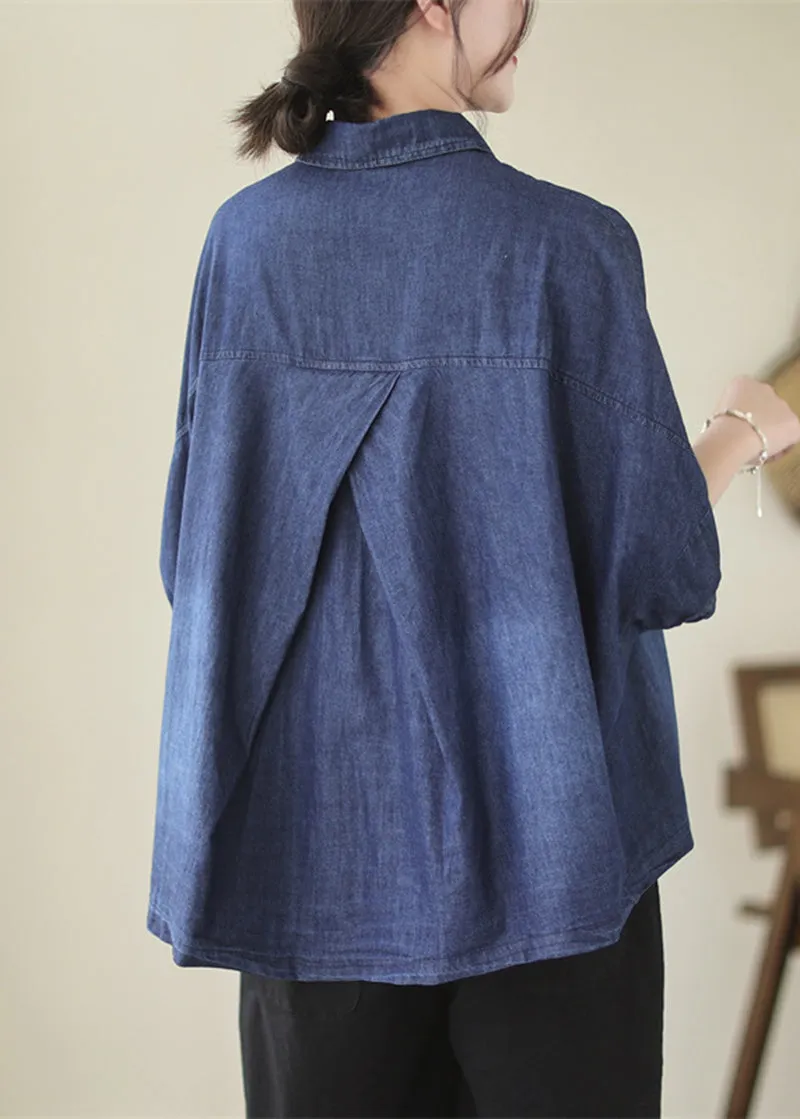 Casual Navy Oversized Washed Denim Blouses Batwing Sleeve LY5304