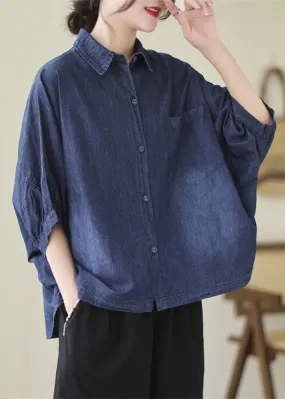 Casual Navy Oversized Washed Denim Blouses Batwing Sleeve LY5304