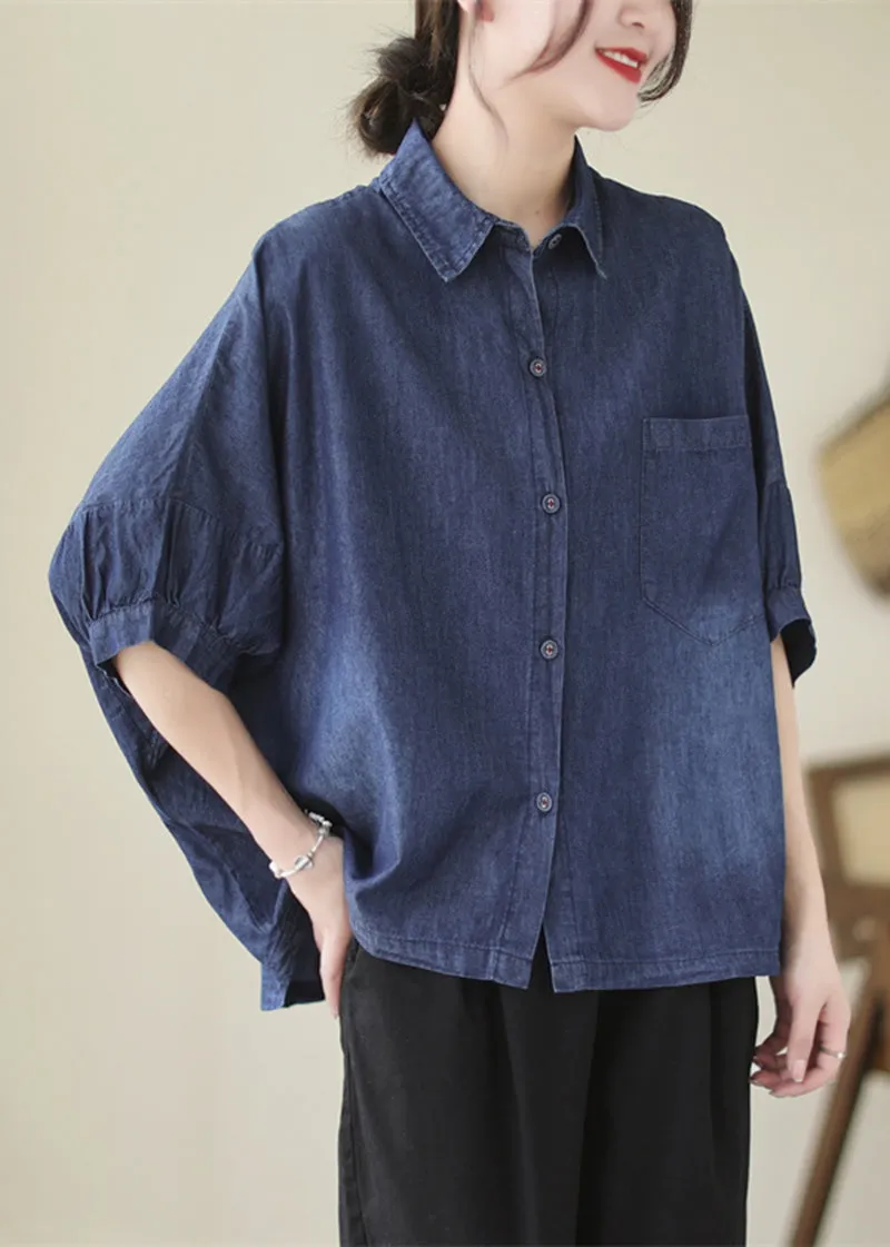 Casual Navy Oversized Washed Denim Blouses Batwing Sleeve LY5304