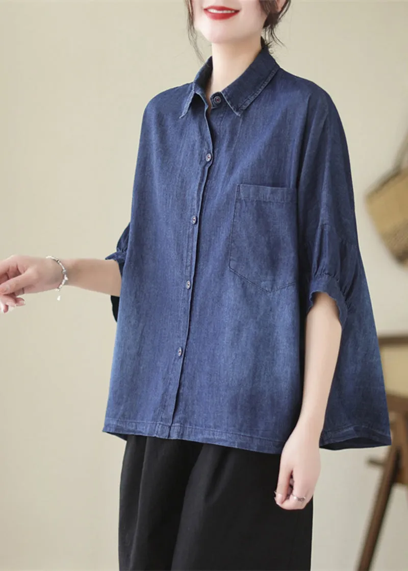 Casual Navy Oversized Washed Denim Blouses Batwing Sleeve LY5304