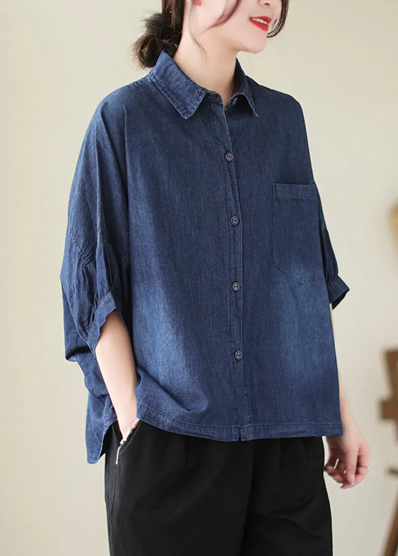 Casual Navy Oversized Washed Denim Blouses Batwing Sleeve LY5304