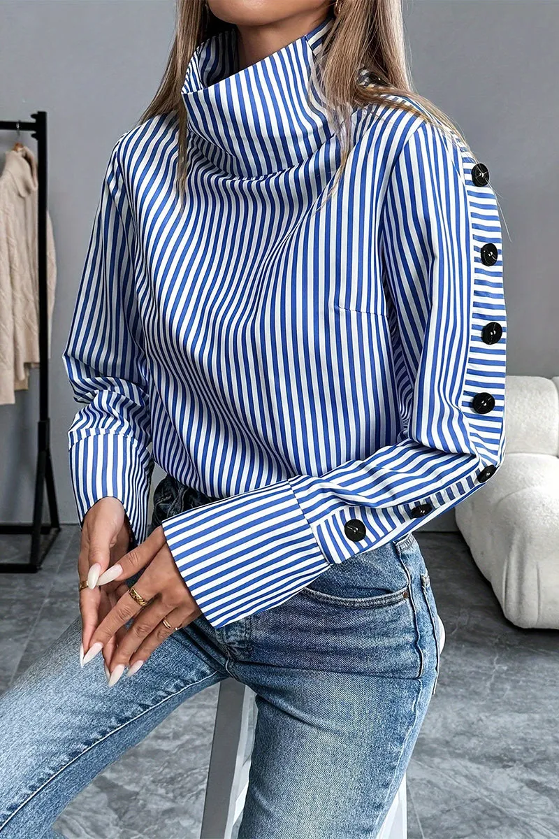 Casual Stripe Buttons Turtleneck Blouses