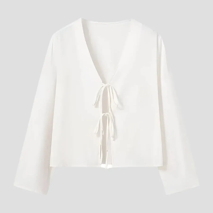 Casual Tie-Front Bell Sleeve Blouses