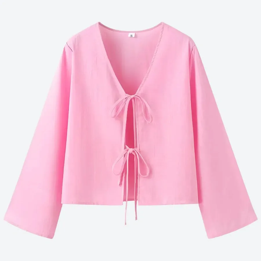 Casual Tie-Front Bell Sleeve Blouses