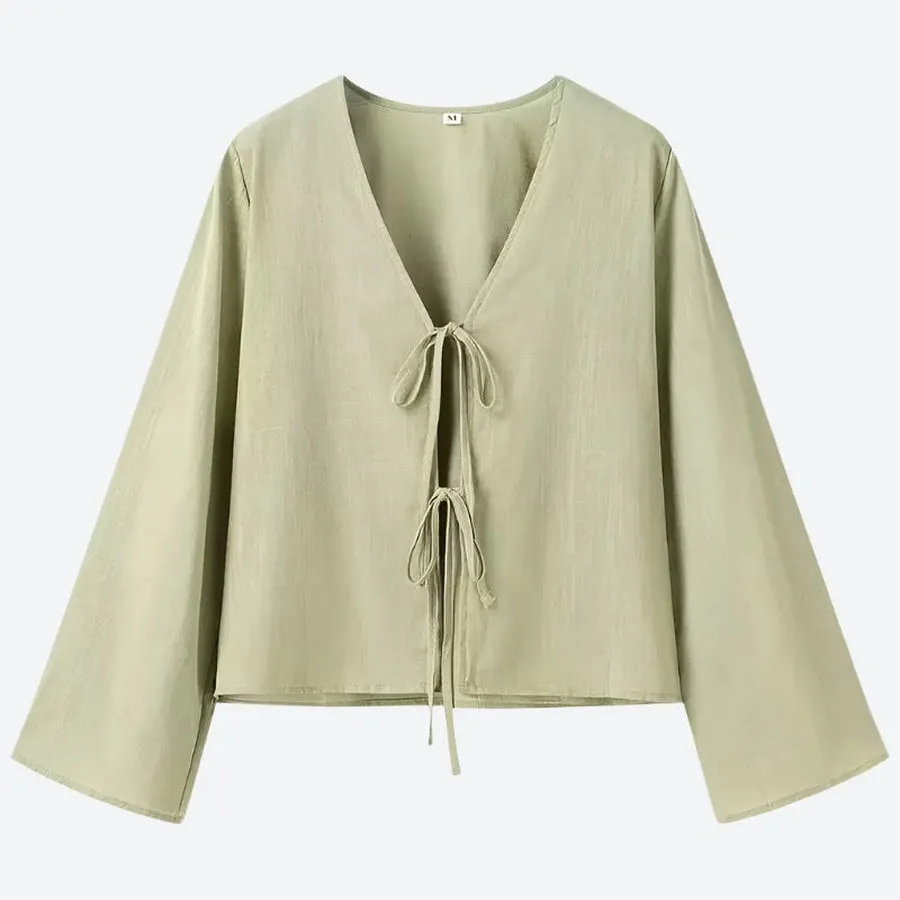 Casual Tie-Front Bell Sleeve Blouses