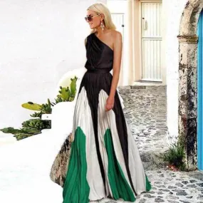 Colorblock Slash Neck Boho Long Dress