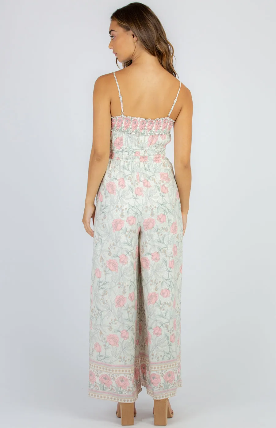 Cotton Shirred Neckline Boho Floral Jumpsuit