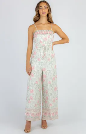 Cotton Shirred Neckline Boho Floral Jumpsuit