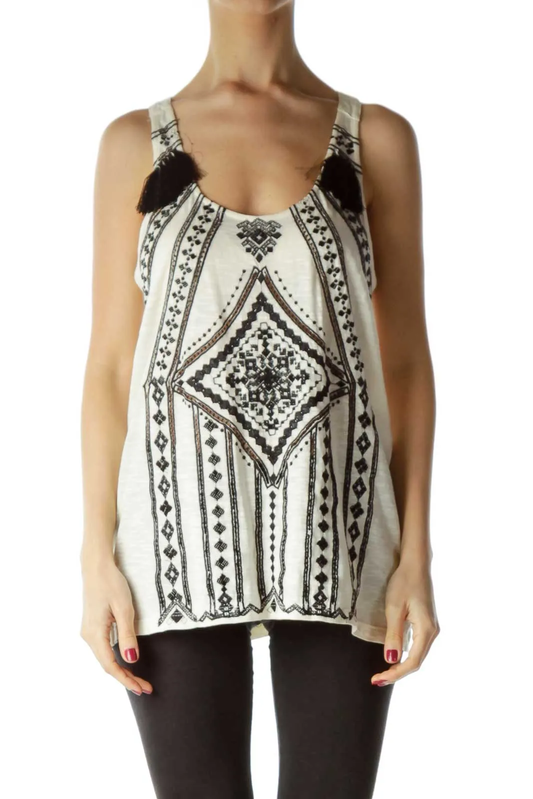 Cream Beaded Tank with Tassles