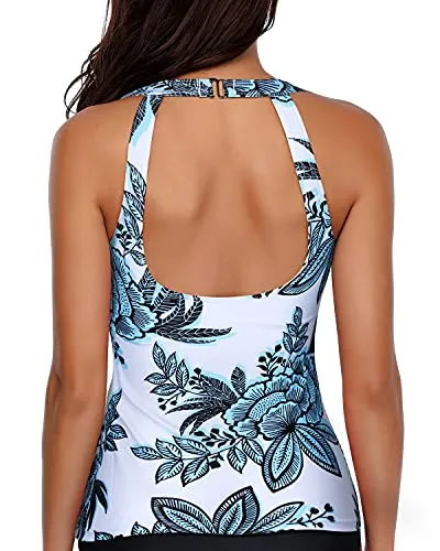 Deep Open Back Tankini Top Modest Bathing Suit Tops-White And Blue Floral