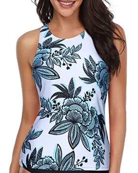 Deep Open Back Tankini Top Modest Bathing Suit Tops-White And Blue Floral