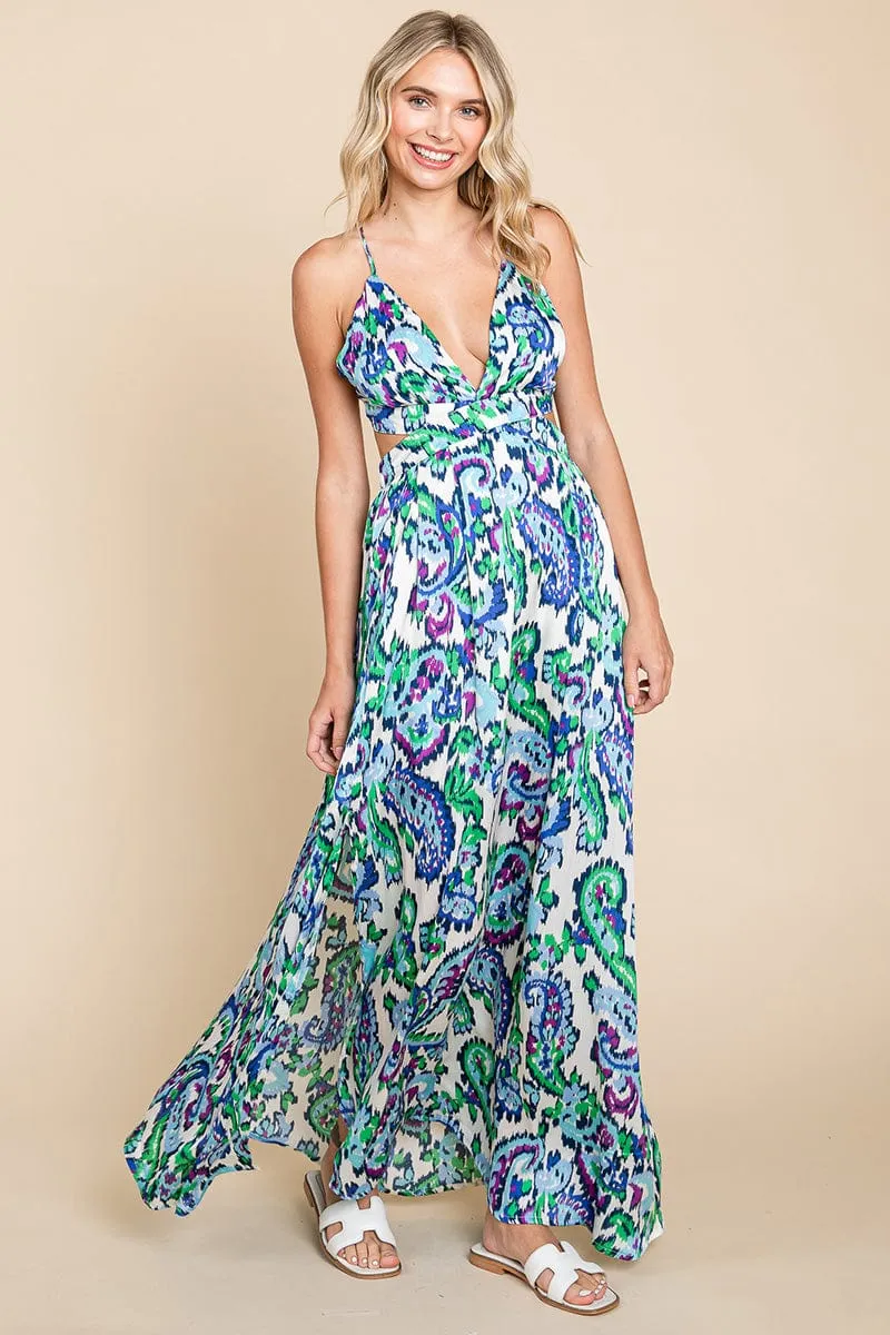 Deep V Neck Open Back Printed Boho Maxi Dress