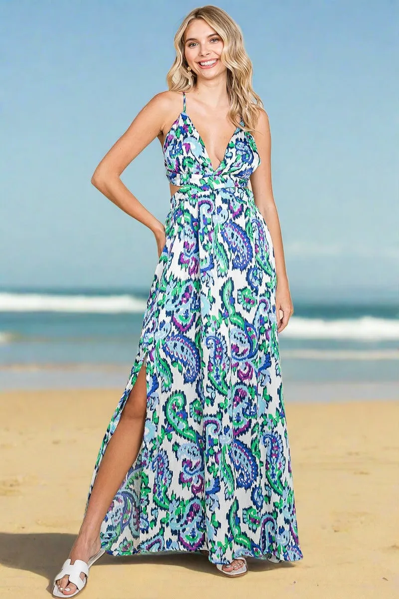 Deep V Neck Open Back Printed Boho Maxi Dress