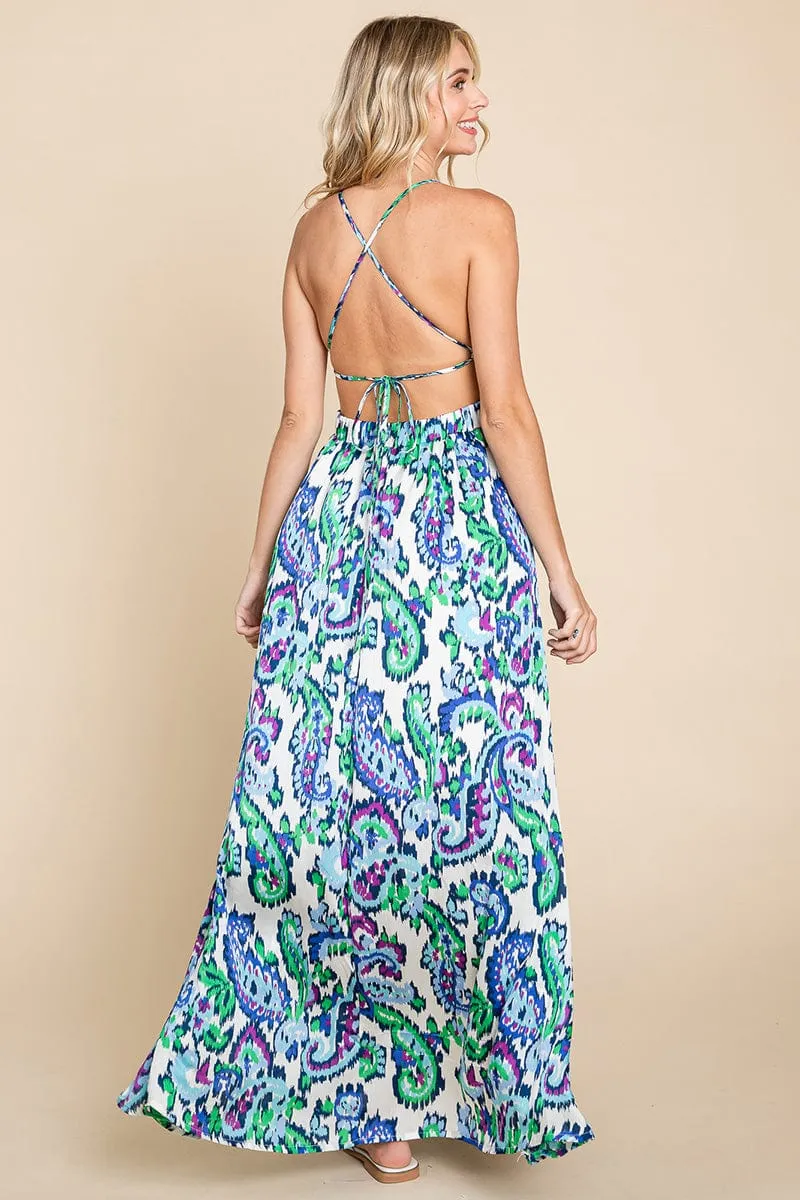 Deep V Neck Open Back Printed Boho Maxi Dress